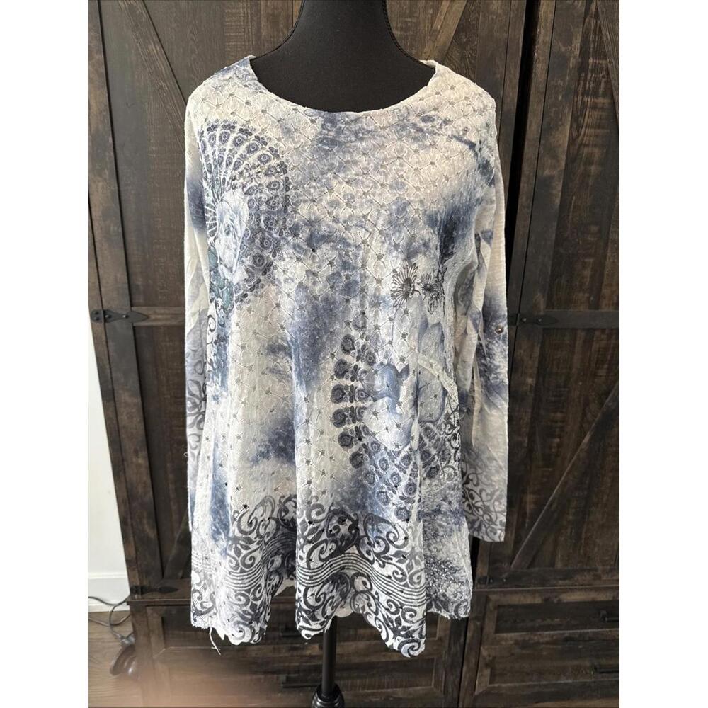 Froccella Womens Linen Cotton Indigo Blue  White Lace  Tunic One Size